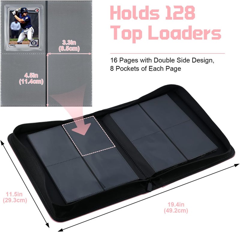 WITHYU Toploader Binder Holds 128 Top Loaders, 4 Pocket Ringless Card Holder for 3" x 4" Rigid Cards, Trading Card Album Small Top Loader Binder for Sports, TCG, MTG (Pink) - Image 5
